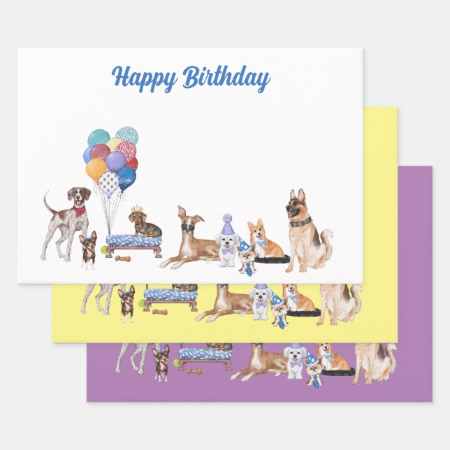 Happy Birthday Canine Dog Breeds   Wrapping Paper Sheet (Set)