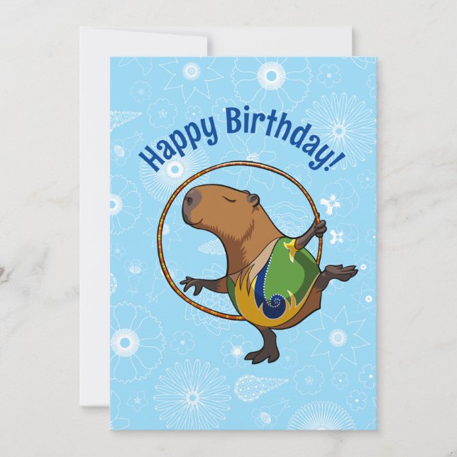 Happy Birthday! Capybara Gymnast With Hoop Cartoon Card (Front)