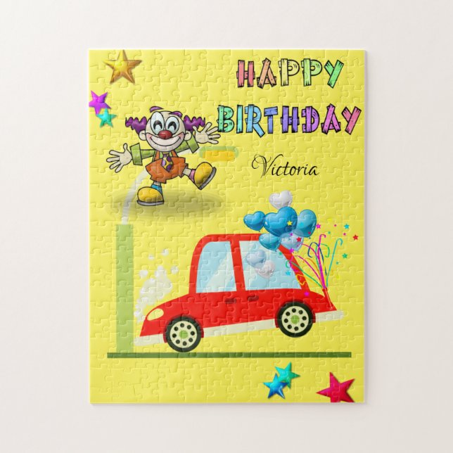Happy Birthday Car Clown Stars Blue Hearts Jigsaw Puzzle (Vertical)