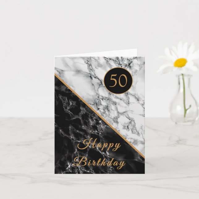Happy Birthday Card Black White Marble - Your Year (Small Plant)