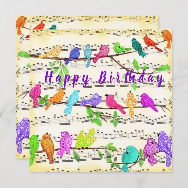 Happy Birthday Card Colourful Musical Birds Song (Front/Back)