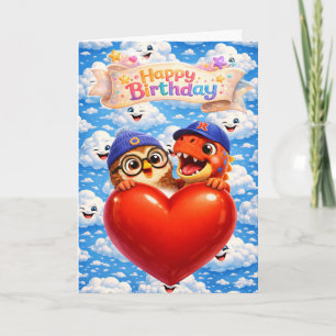 Happy birthday card, cute heart balloon greeting c card