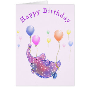 Happy Birthday Card Elephant Flying with Balloons