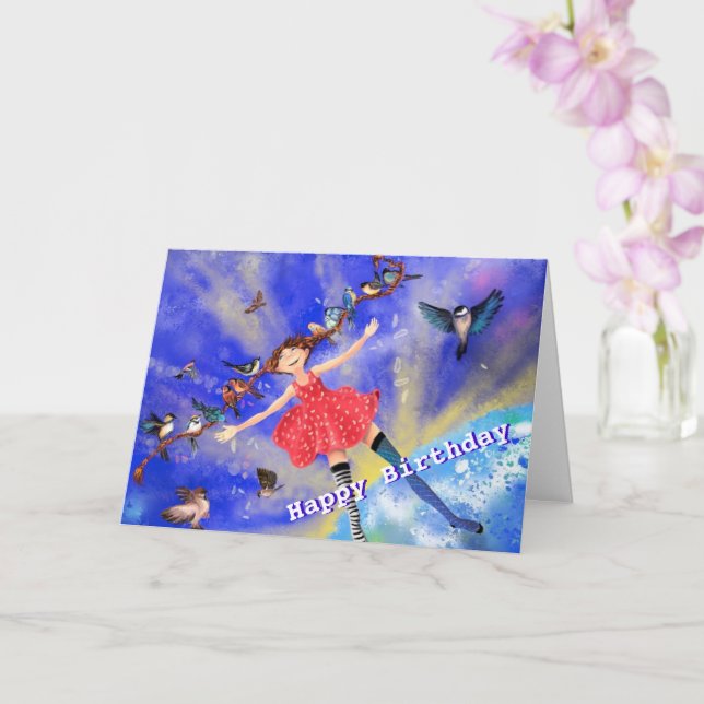 Happy Birthday Card Girl with Birds - Your Name (Orchid)