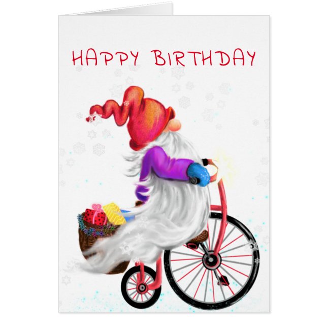 Happy Birthday Card Gnome with Bike and Gifts (Front)