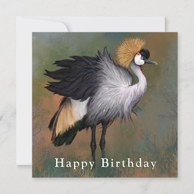 Happy Birthday Card Grey Crowned Crane Bird (Front)