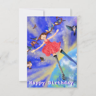 Happy Birthday Card - Happy Girl with Birds