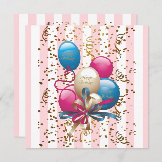 Happy Birthday Card Invitation BalloonsStripe Pink (Front/Back)