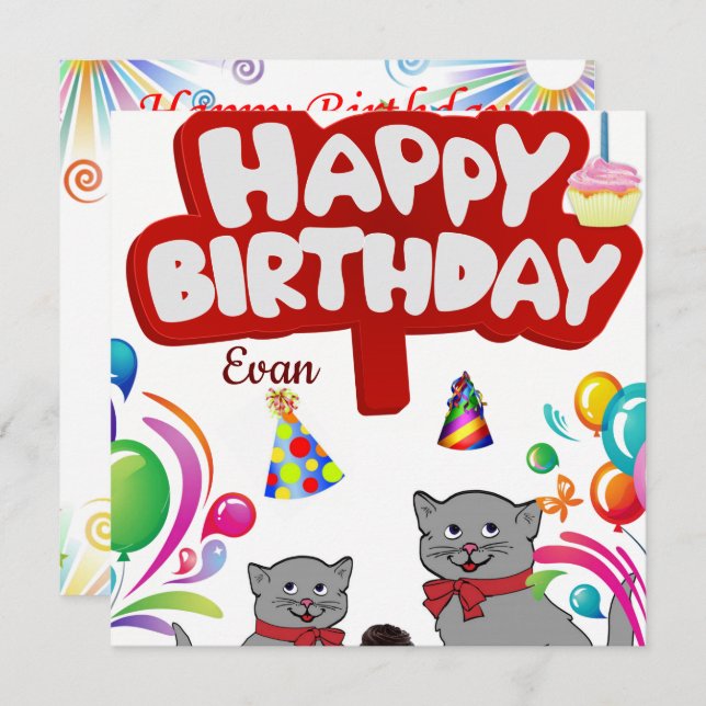 Happy Birthday Card Invitation Cats (Front/Back)