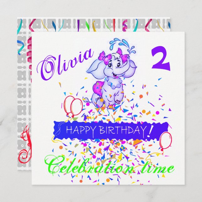 Happy Birthday Card Invitation Elephant (Front/Back)