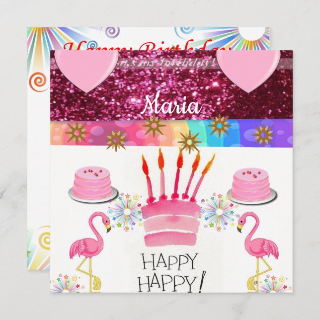 Happy Birthday Card Invitation Flamingo (Front/Back)