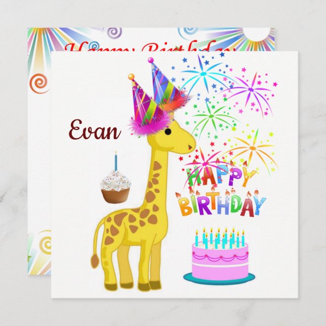 Happy Birthday Card Invitation Giraffe (Front/Back)