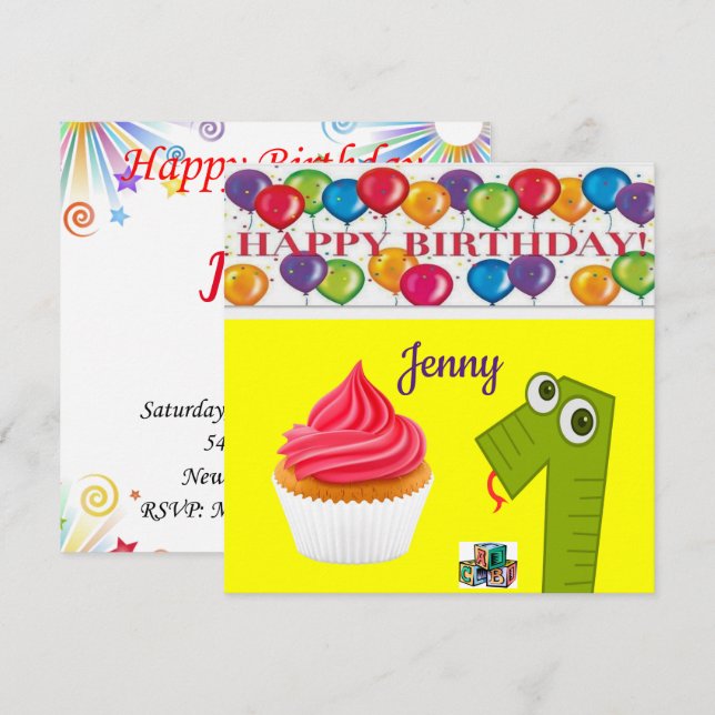 Happy Birthday Card Invitation One Year Old (Front/Back)