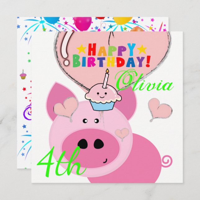 Happy Birthday Card Invitation Pig (Front/Back)