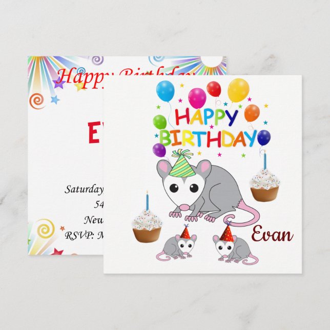 Happy Birthday Card Invitation Possum (Front/Back)
