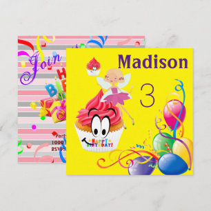 Happy Birthday Card Invitation Stripe FairyCupcake