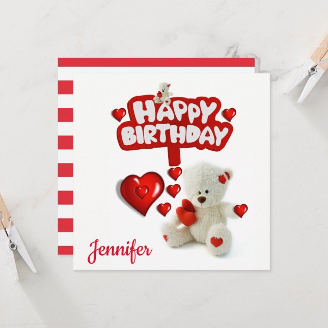 Happy Birthday Card Invitation White Teddy Bear (Front/Back In Situ)