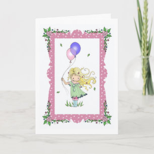Happy Birthday Card Little Girl Holding Balloons