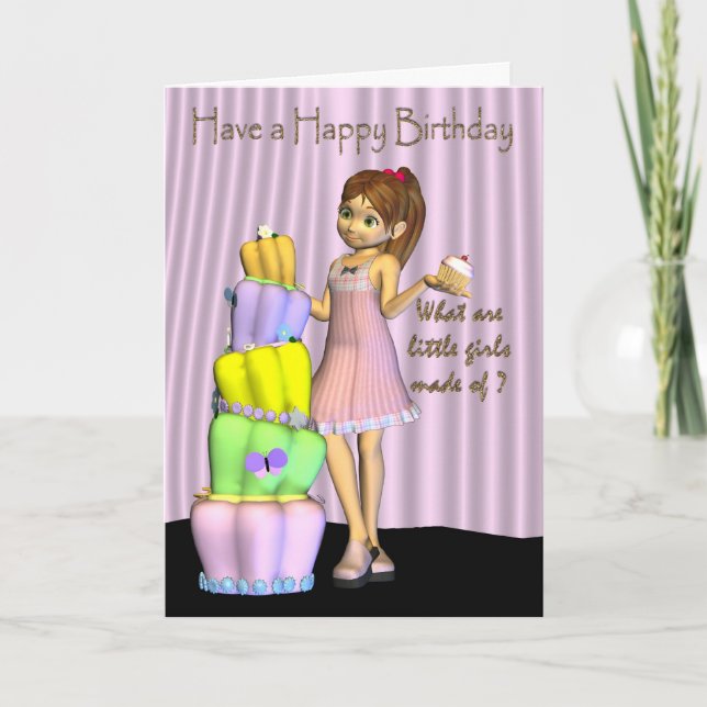 Happy Birthday Card little girl with a big cake an (Front)