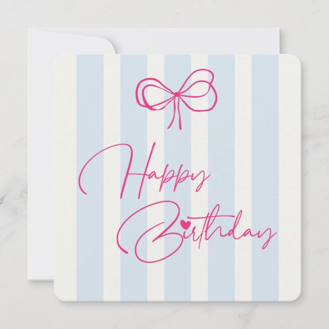 Happy Birthday Card Pink Bow Stripes (Front)