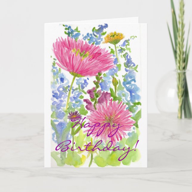 Happy Birthday Card Pink Dahlia Bouquet Watercolor (Front)