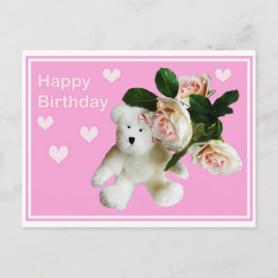 Happy Birthday card Teddy bear and pink rose