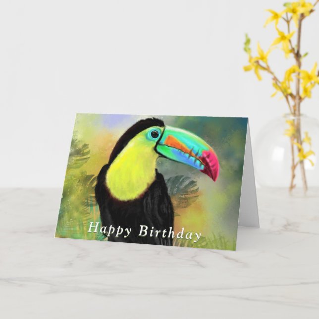 Happy Birthday Card Tropical Toco Toucan Bird (Yellow Flower)