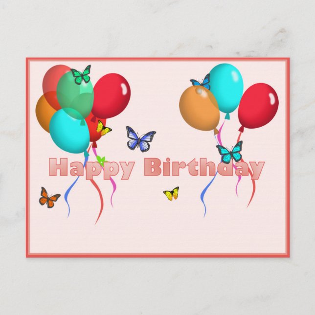 Happy Birthday card with balloons and butterflies (Front)