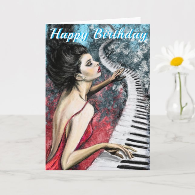 Happy Birthday Card with Piano Lady in Red (Small Plant)