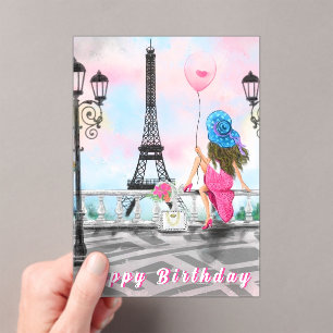 Happy Birthday Card Woman In Paris Eiffel Tower Acrylic Invitations