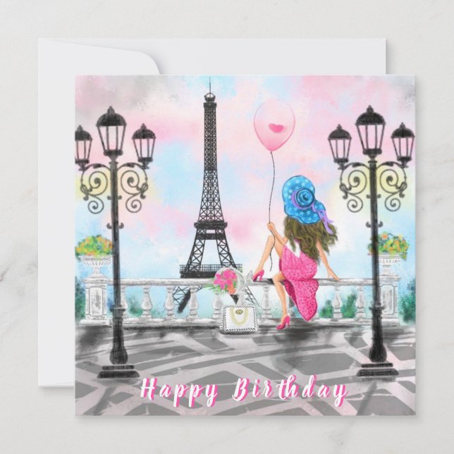 Happy Birthday Card Woman with Pink Heart Balloon (Front)