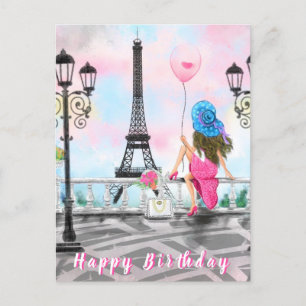 Happy Birthday Card Woman with Pink Heart Balloon