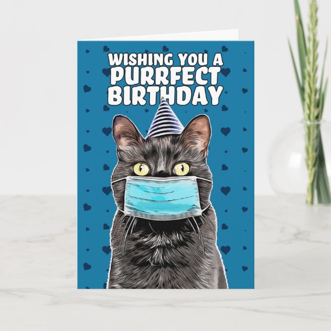 Happy Birthday Cartoon Cat in Face Mask Holiday Card (Front)