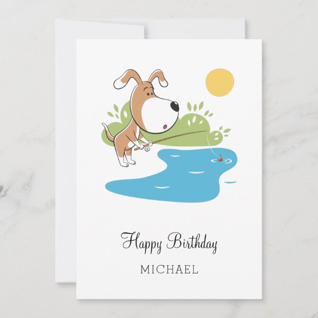 Happy Birthday Cartoon Cute Dog Puppy Fishing Card (Front)