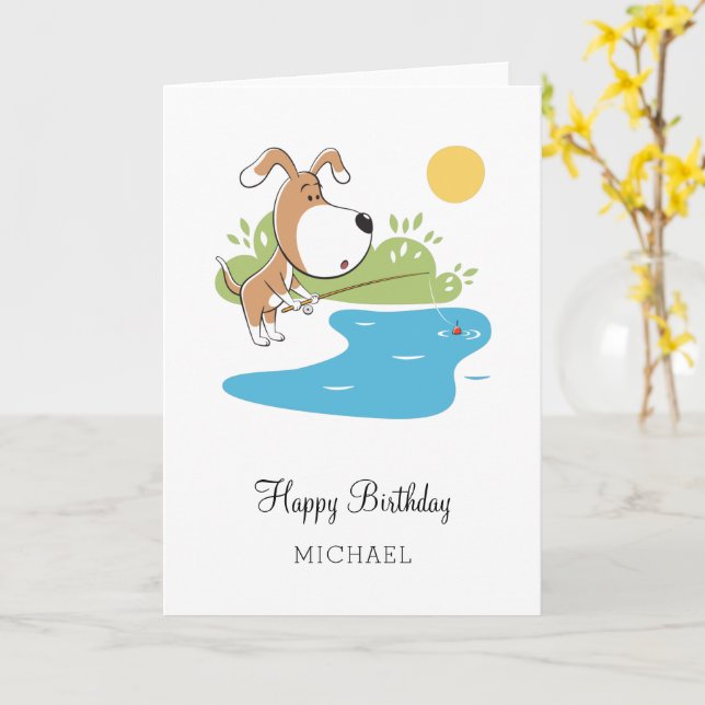Happy Birthday Cartoon Cute Dog Puppy Fishing Card (Yellow Flower)