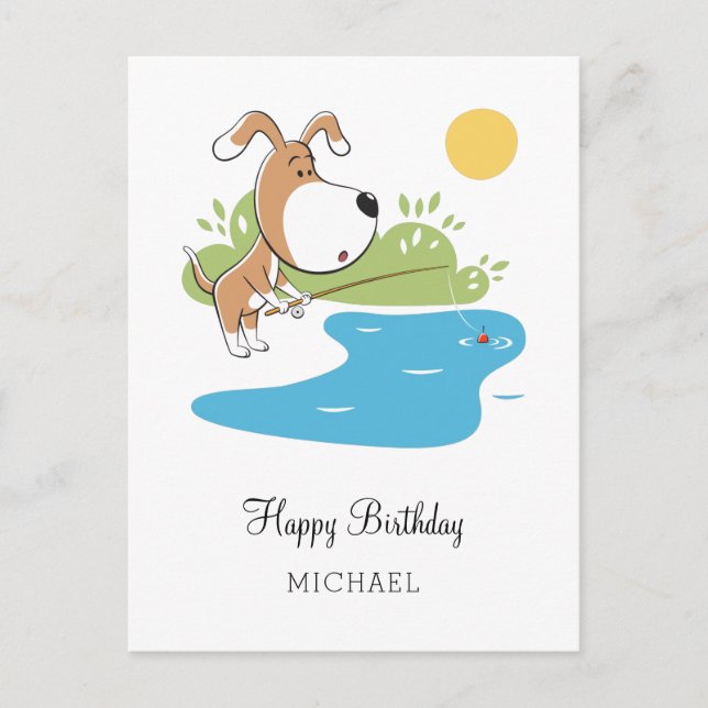Happy Birthday Cartoon Cute Dog Puppy Fishing Postcard (Front)