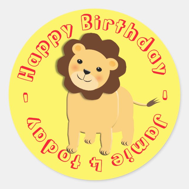 Happy Birthday Cartoon Jungle Lion Personalised Classic Round Sticker (Front)
