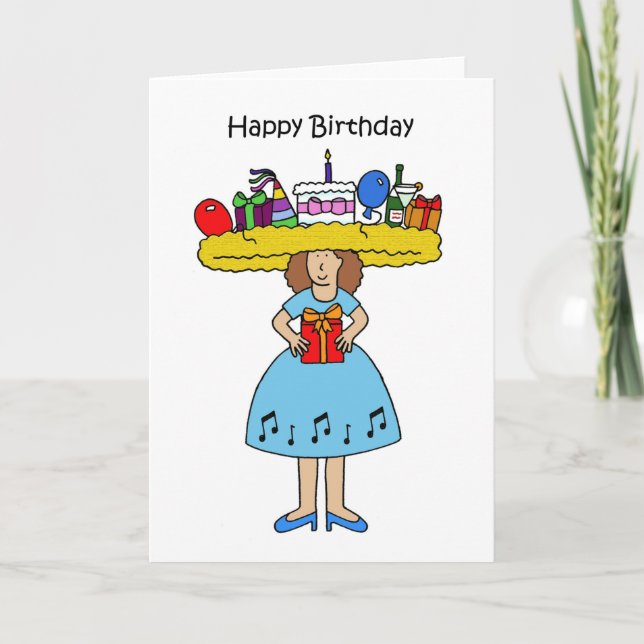 Happy Birthday Cartoon Lady in Fabulous Party Hat Card (Front)