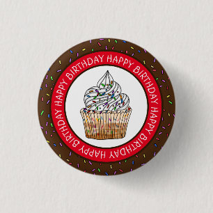Happy Birthday Cartoon Vanilla Cupcake    3 Cm Round Badge