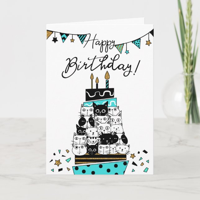Happy Birthday Cat Cake & Party Bunting Card (Front)