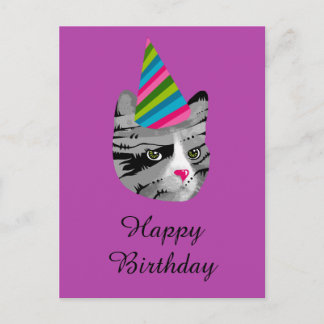 Happy Birthday Cat in Party Hat Invitation Postcard