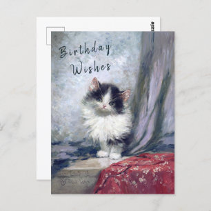 Happy Birthday Cat Oil Painting Red Grey   Postcard