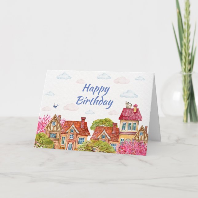 Happy Birthday Cat on the Rooftop  Card (Front)
