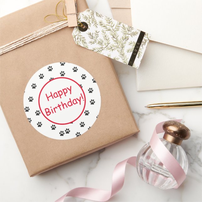 Happy Birthday cat paws simple Classic Round Sticker (Gifting)