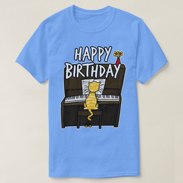 Happy Birthday Cat Playing Piano Doodle  (2)  T-Shirt (Design Front)