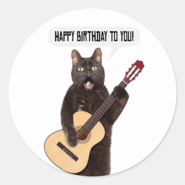 Happy Birthday Cat Singing and Playing Guitar Holi Classic Round Sticker (Front)