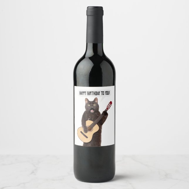 Happy Birthday Cat Singing and Playing Guitar Holi Wine Label (Front)