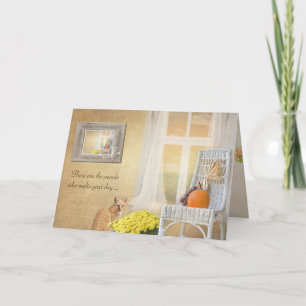 happy birthday-cat with autumn pumpkin and window card