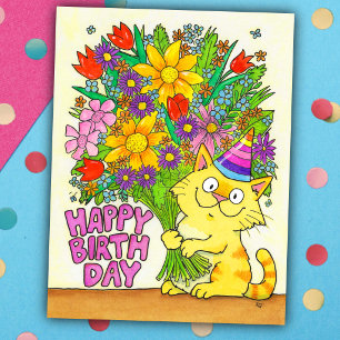 Happy Birthday Cat with Flowers  Postcard