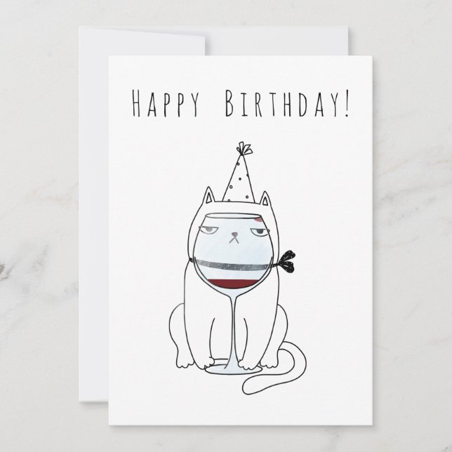 Happy Birthday Cat with Wine Glass. Funny and cute Holiday Card (Front)